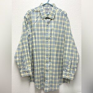 Men’s Haggar 19 35/36T Classic Fit Premium Cotton Dress Shirt Yellow Blue Plaid